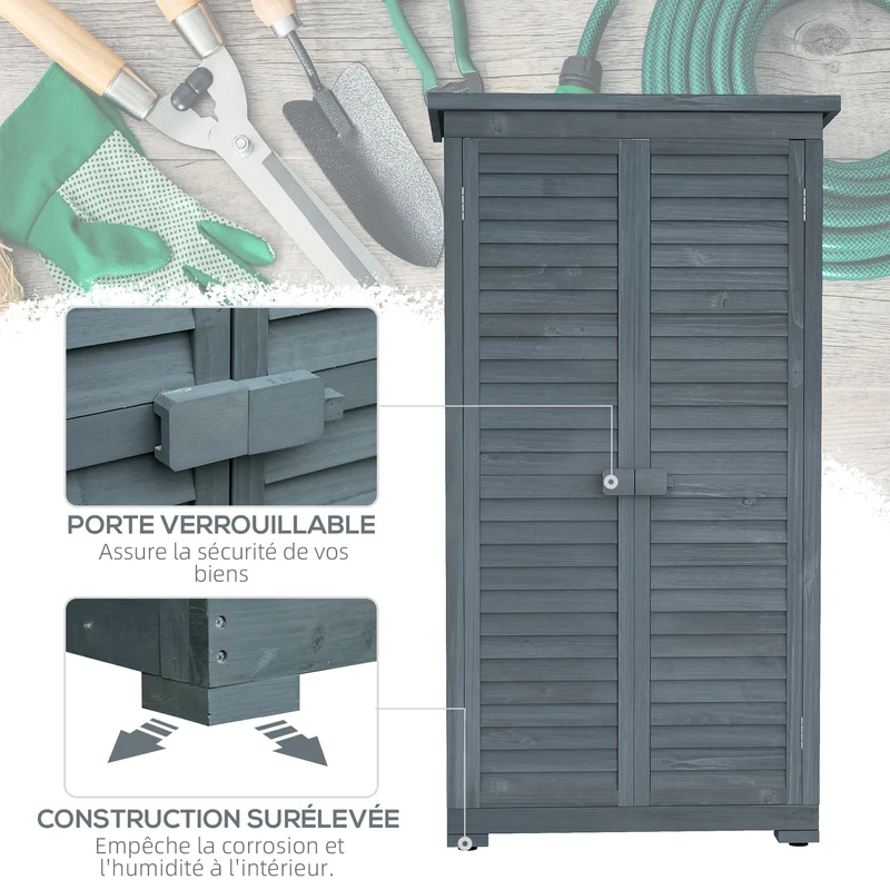 Armoire jardin rangement outils 87 x 46,5 x 160 cm 2 étagères portes persiennes à loquet moderne en bois de sapin gris 21_0004127