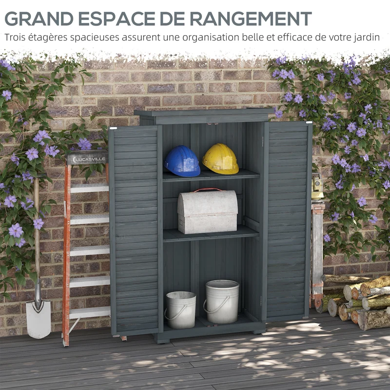 Armoire jardin rangement outils 87 x 46,5 x 160 cm 2 étagères portes persiennes à loquet moderne en bois de sapin gris 21_0004127