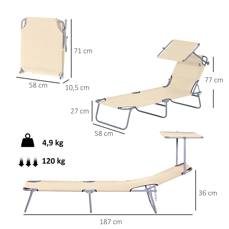 Transat bain de soleil pliable 187 x 58 x 36 cm dossier 4 positions pare-soleil réglable léger épuré en polyester beige 21_0004542