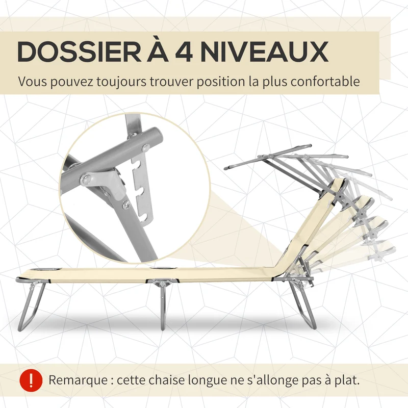 Transat bain de soleil pliable 187 x 58 x 36 cm dossier 4 positions pare-soleil réglable léger épuré en polyester beige 21_0004542