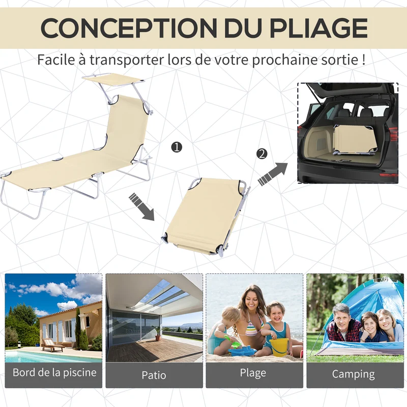 Transat bain de soleil pliable 187 x 58 x 36 cm dossier 4 positions pare-soleil réglable léger épuré en polyester beige 21_0004542