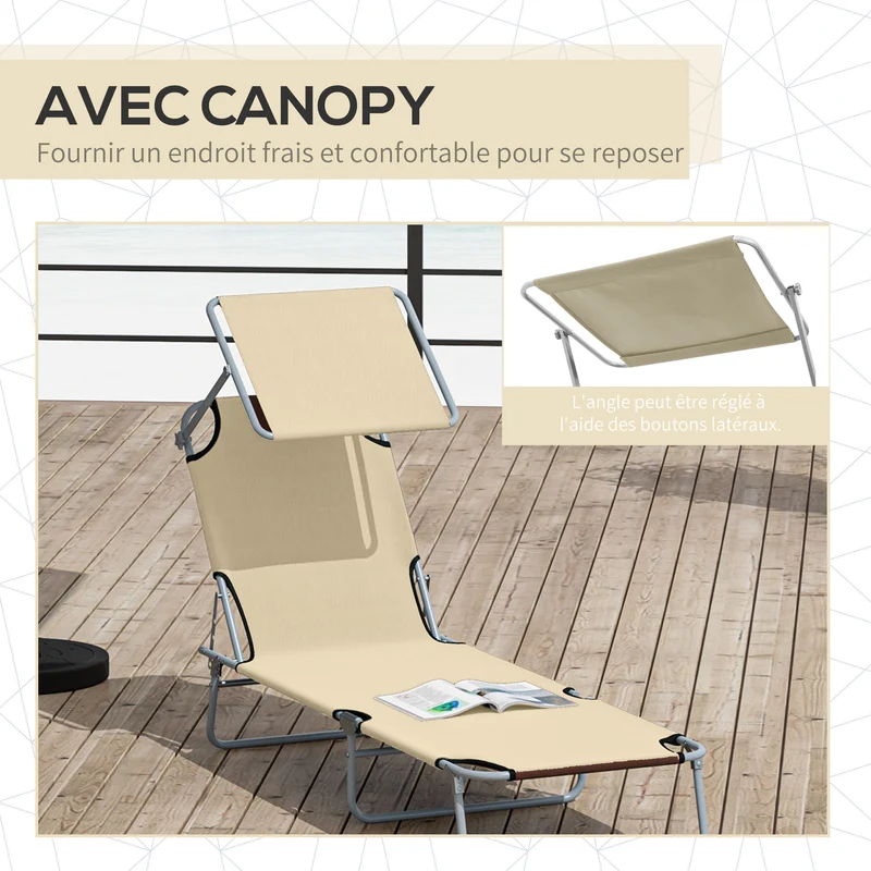 Transat bain de soleil pliable 187 x 58 x 36 cm dossier 4 positions pare-soleil réglable léger épuré en polyester beige 21_0004542