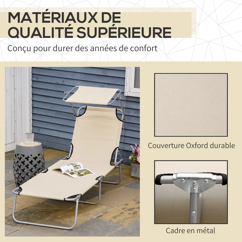 Transat bain de soleil pliable 187 x 58 x 36 cm dossier 4 positions pare-soleil réglable léger épuré en polyester beige 21_0004542