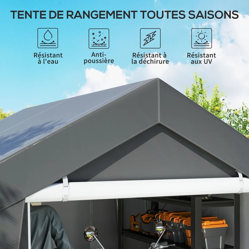Tente de rangement abri de jardin 302 x 300 x 235 cm porte zippée ventilation industriel en polyéthylène gris foncé 21_0004358