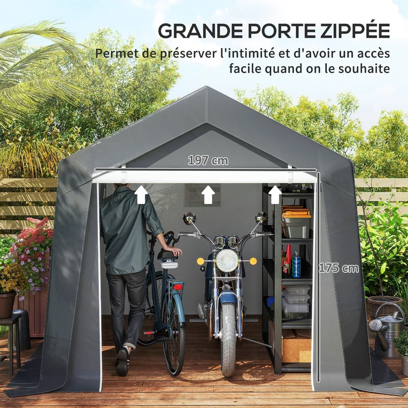 Tente de rangement abri de jardin 302 x 300 x 235 cm porte zippée ventilation industriel en polyéthylène gris foncé 21_0004358