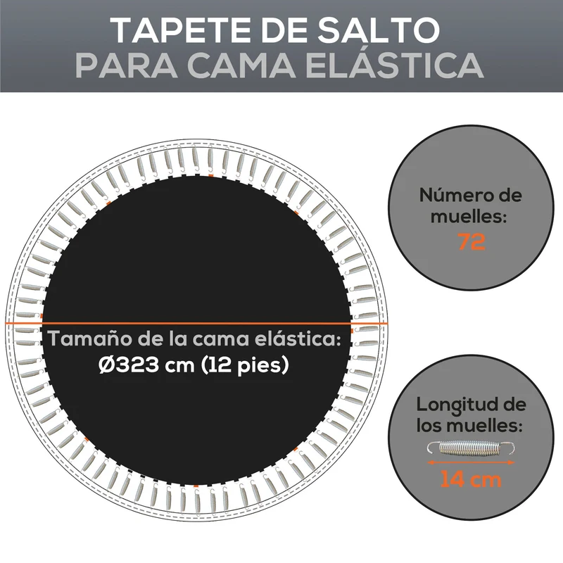 Tapis de trampoline rond 323 cm adapté à ressorts 14 cm 72 anneaux rebond renforcé anti uv design en polypropylène noir 21_0006416