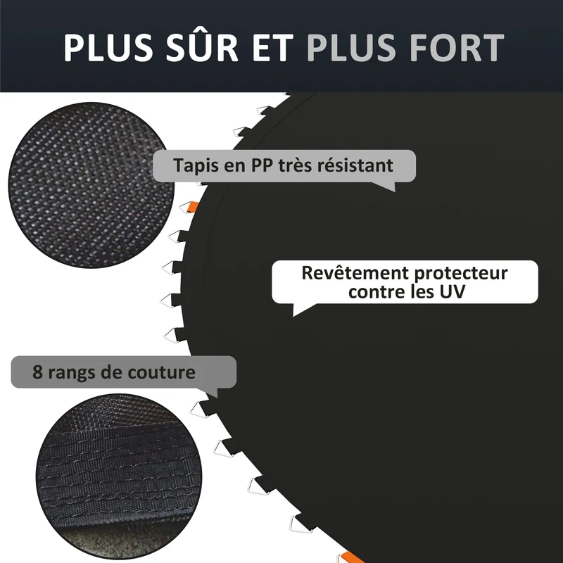 Tapis de trampoline rond 323 cm adapté à ressorts 14 cm 72 anneaux rebond renforcé anti uv design en polypropylène noir 21_0006416