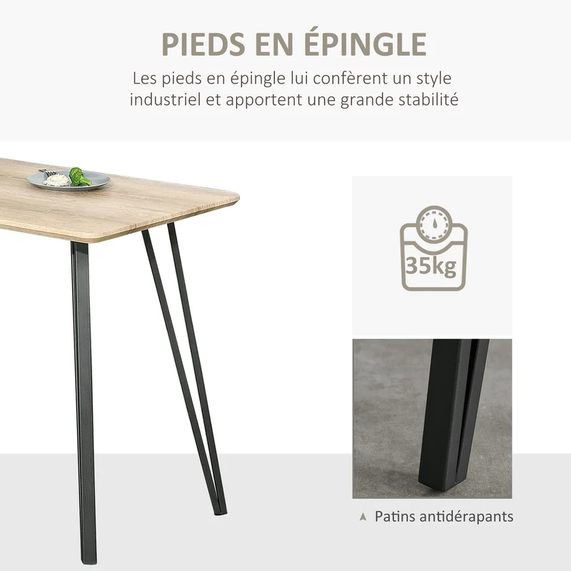 Table à manger rectangulaire 120 x 60 x 75 cm grand plateau pieds épingles stables design industriel en MDF chêne clair 21_0002219