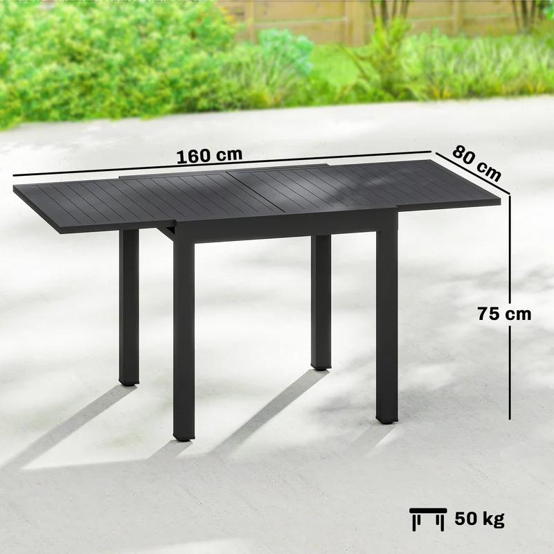 Table de jardin extensible 80 x 160 x 75 cm rallonge auto-rangée gain d'espace stable style contemporain en aluminium noir 21_0005401