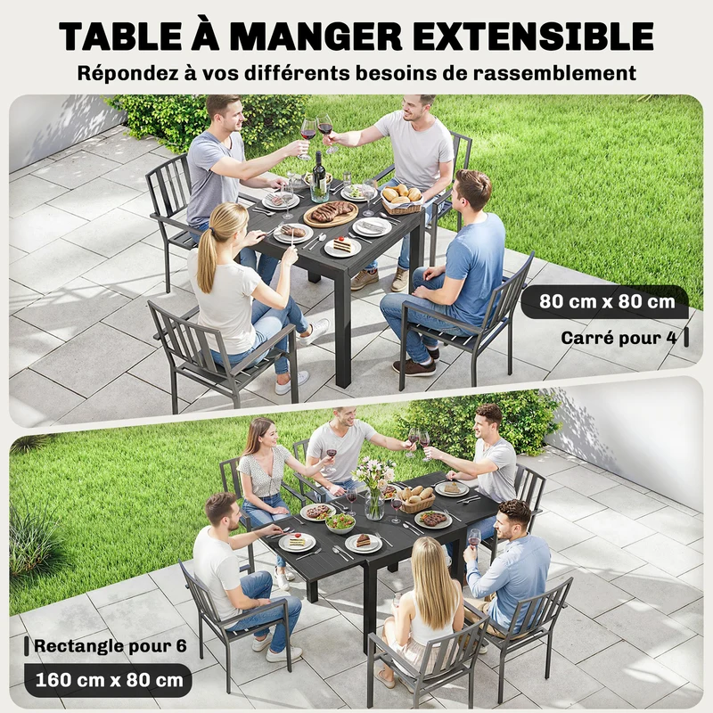 Table de jardin extensible 80 x 160 x 75 cm rallonge auto-rangée gain d'espace stable style contemporain en aluminium noir 21_0005401