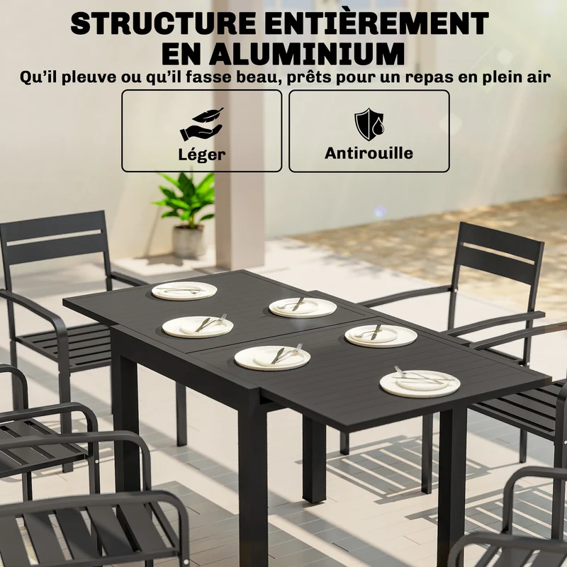 Table de jardin extensible 80 x 160 x 75 cm rallonge auto-rangée gain d'espace stable style contemporain en aluminium noir 21_0005401