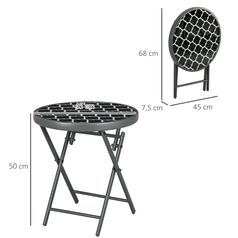 Table d'appoint pliante ronde 45 x 50 cm pliable facile à transporter et ranger moderne design pour jardin en métal noir 21_0005196