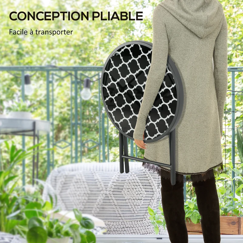 Table d'appoint pliante ronde 45 x 50 cm pliable facile à transporter et ranger moderne design pour jardin en métal noir 21_0005196