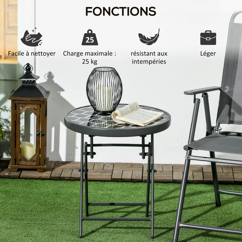 Table d'appoint pliante ronde 45 x 50 cm pliable facile à transporter et ranger moderne design pour jardin en métal noir 21_0005196