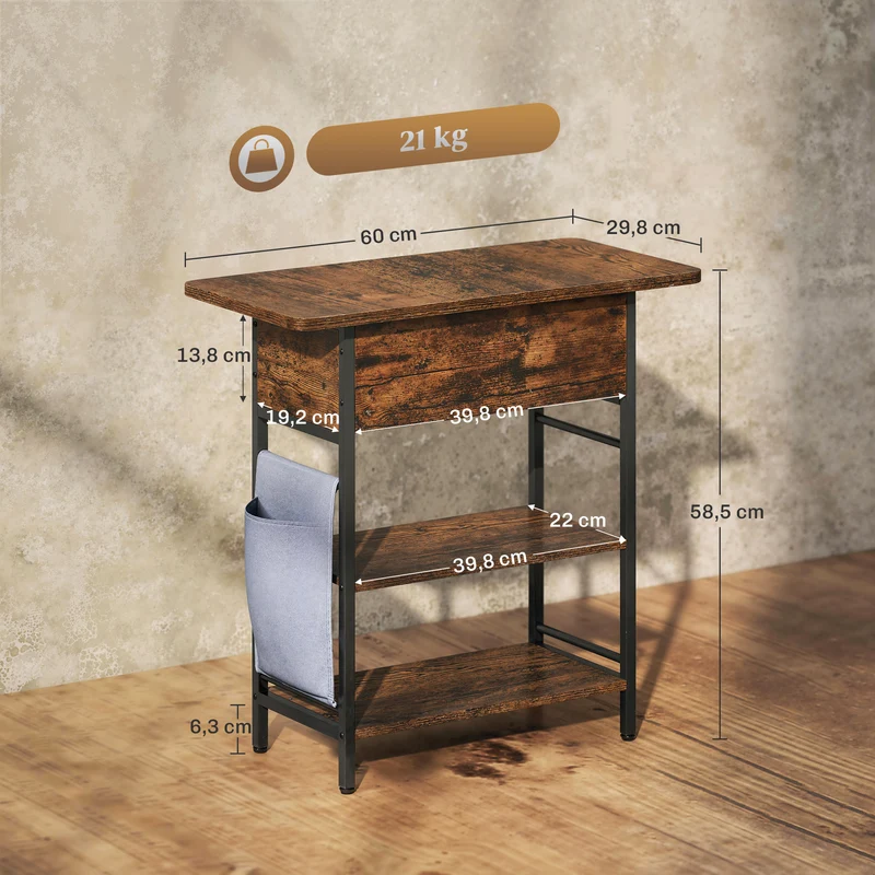 Table d'appoint chevet 60 x 29,8 x 58,5 cm charge intégrée rangement industriel en panneau de particules brun rustique 21_0003518