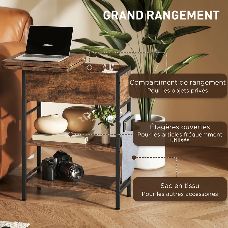 Table d'appoint chevet 60 x 29,8 x 58,5 cm charge intégrée rangement industriel en panneau de particules brun rustique 21_0003518