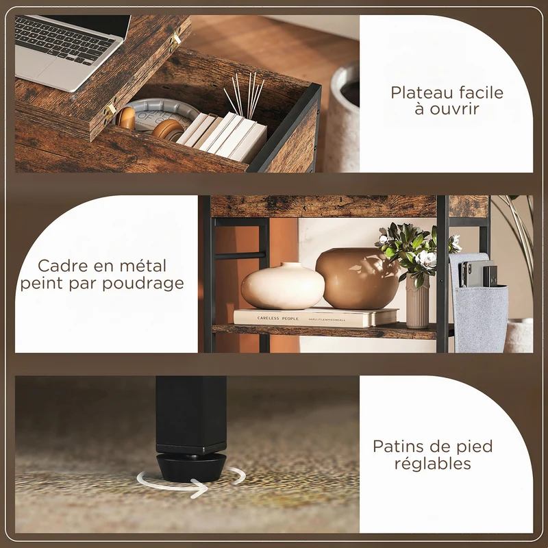 Table d'appoint chevet 60 x 29,8 x 58,5 cm charge intégrée rangement industriel en panneau de particules brun rustique 21_0003518