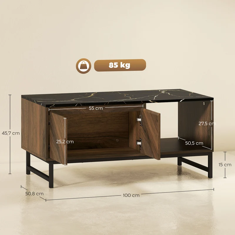 Table basse rectangulaire salon 100 x 50,8 x 45,7 cm rangement ouvert et fermé gain de place moderne design en MDF noyer 21_0003546