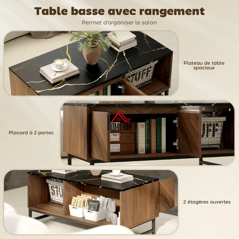 Table basse rectangulaire salon 100 x 50,8 x 45,7 cm rangement ouvert et fermé gain de place moderne design en MDF noyer 21_0003546