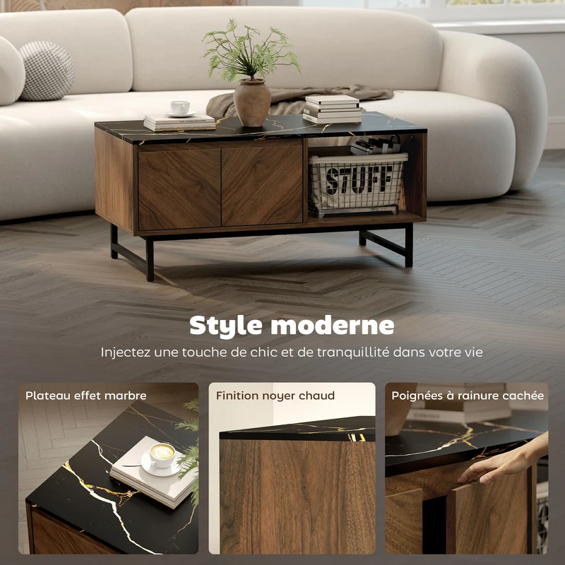 Table basse rectangulaire salon 100 x 50,8 x 45,7 cm rangement ouvert et fermé gain de place moderne design en MDF noyer 21_0003546