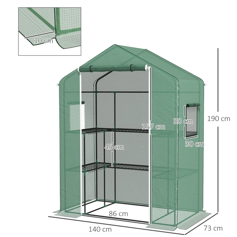 Serre de jardin 140 x 73 x 190 cm porte enroulable étagères réglables protection uv moderne épuré en polyéthylène vert 21_0004341