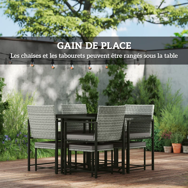 Salon de jardin 9 pièces extérieur 109 x 109 x 72 cm coussins lavables rangement design terrasse en résine tressée gris 21_0005999
