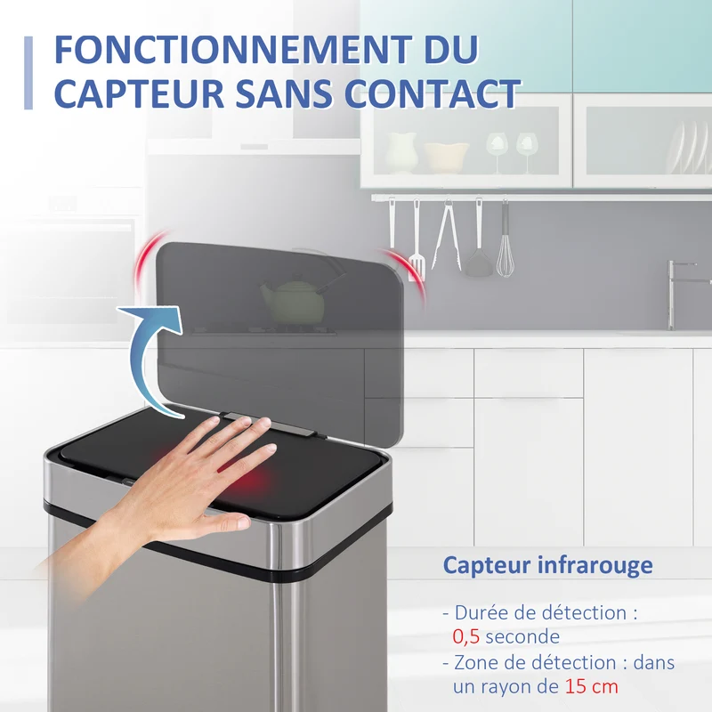 Poubelle à capteur ouverture automatique 3 compartiments tri 72l 42 x 30 x 81 cm contemporain en acier inoxydable argent 21_0005900