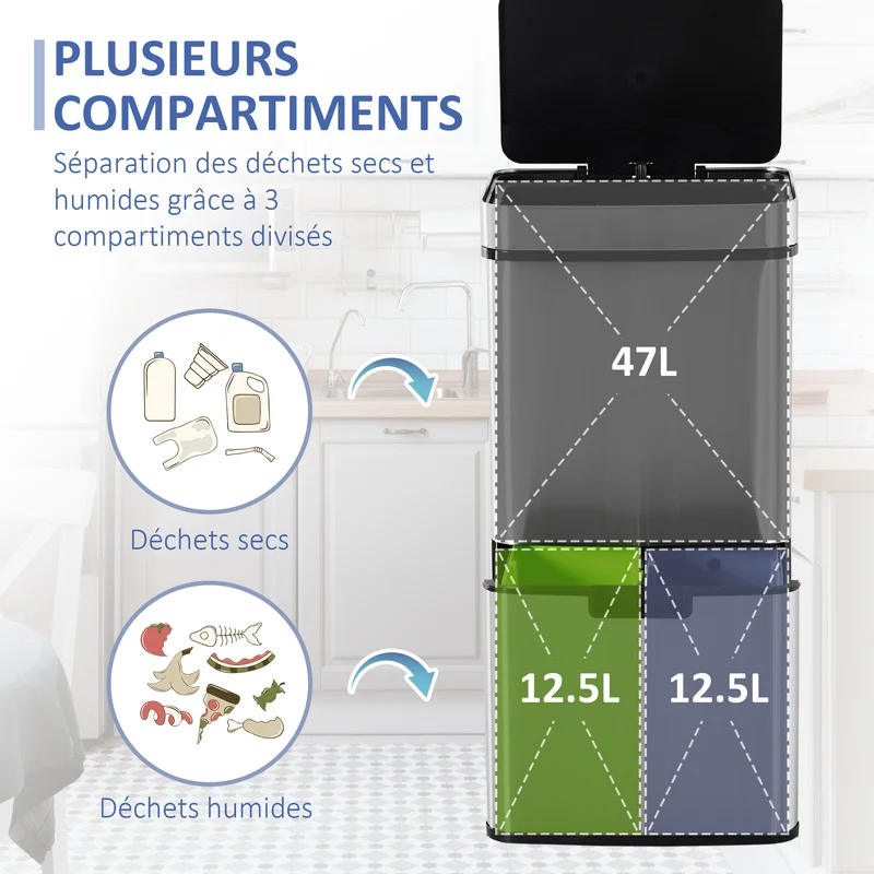Poubelle à capteur ouverture automatique 3 compartiments tri 72l 42 x 30 x 81 cm contemporain en acier inoxydable argent 21_0005900