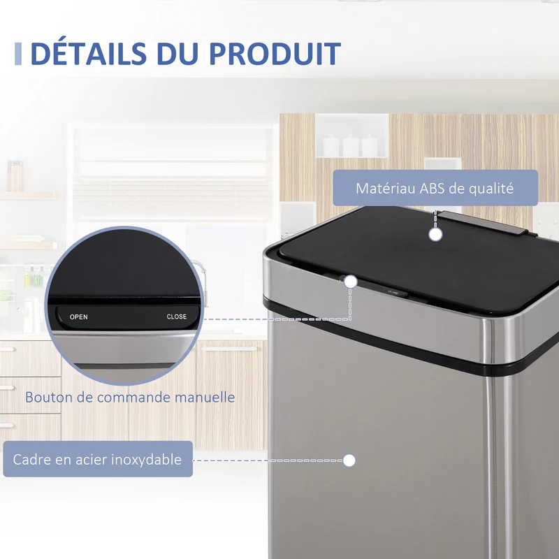Poubelle à capteur ouverture automatique 3 compartiments tri 72l 42 x 30 x 81 cm contemporain en acier inoxydable argent 21_0005900