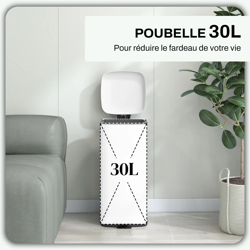 Poubelle de cuisine pédale compacte 28 x 35 x 63.5 cm couvercle silencieux seau amovible moderne épuré en métal blanc 21_0005920