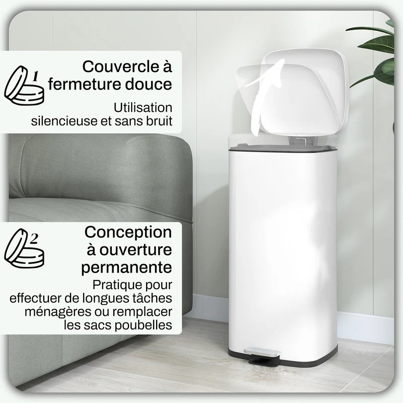 Poubelle de cuisine pédale compacte 28 x 35 x 63.5 cm couvercle silencieux seau amovible moderne épuré en métal blanc 21_0005920