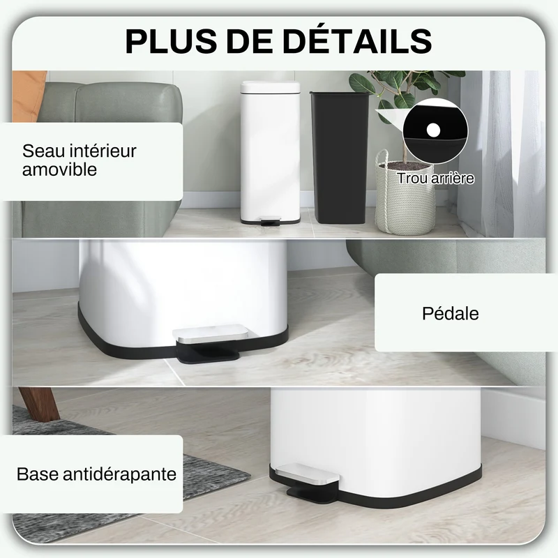 Poubelle de cuisine pédale compacte 28 x 35 x 63.5 cm couvercle silencieux seau amovible moderne épuré en métal blanc 21_0005920