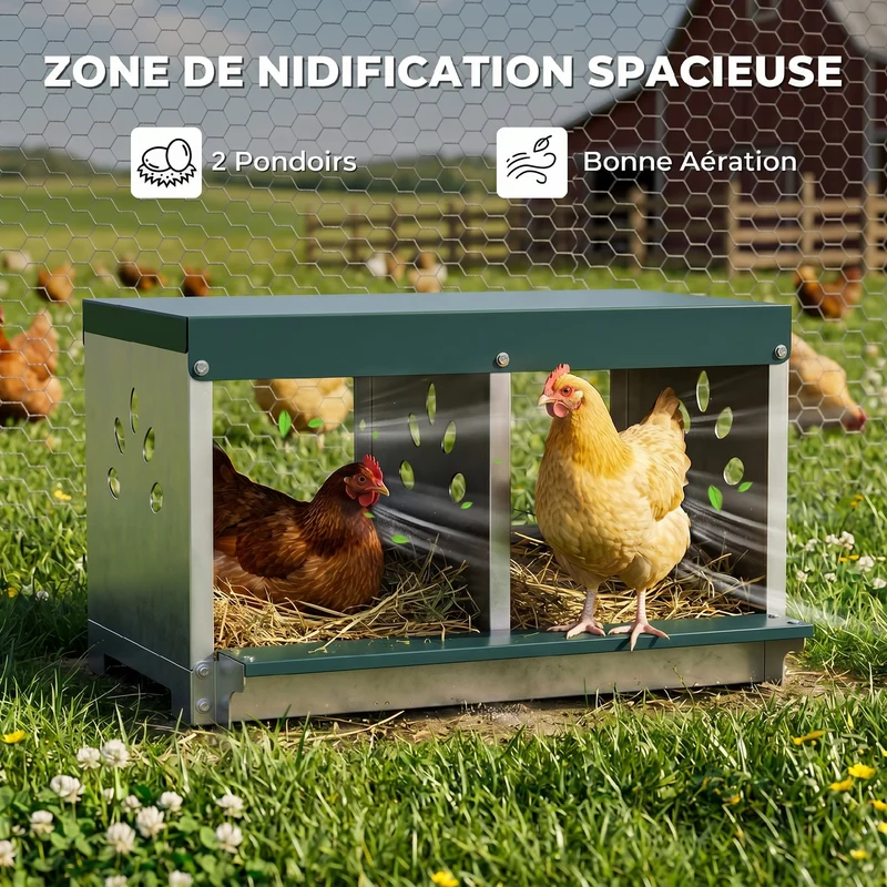 Pondoir à poules 2 emplacements 54,5 x 42,5 x 35,5 cm étanche et facile à nettoyer industriel en acier galvanisé argent 21_0008033