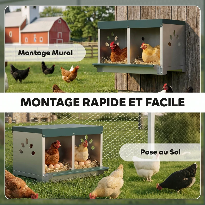Pondoir à poules 2 emplacements 54,5 x 42,5 x 35,5 cm étanche et facile à nettoyer industriel en acier galvanisé argent 21_0008033