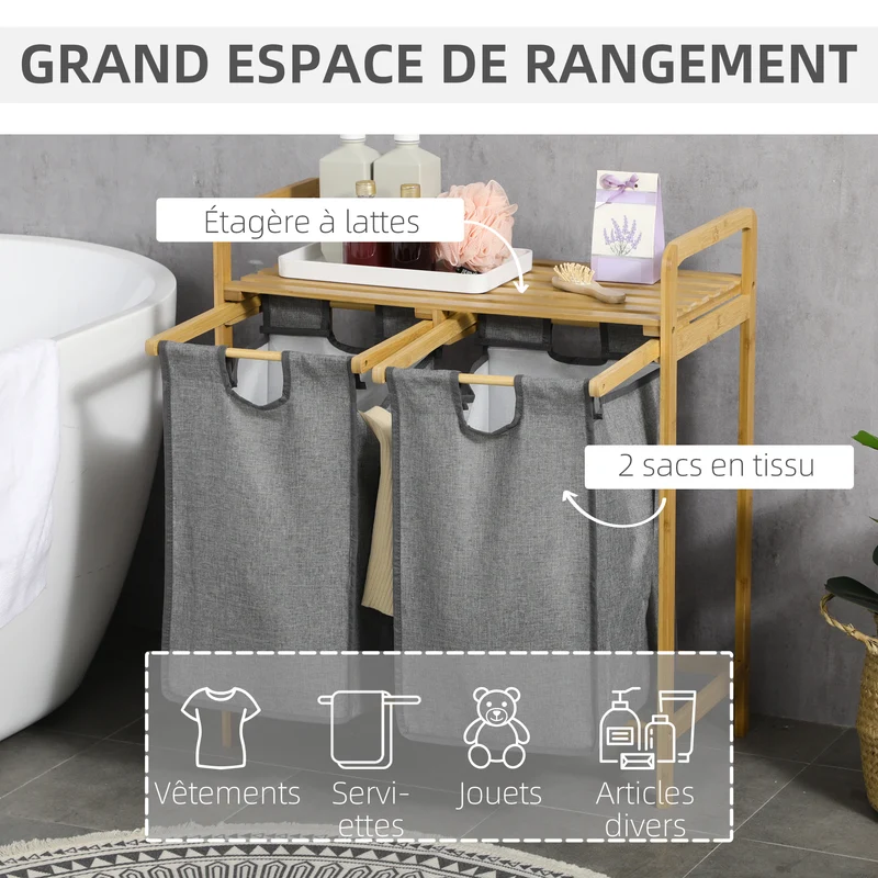 Panier à linge double 63,5 x 33 x 73 cm sacs amovibles coulissants avec étagère scandinave épuré en bambou gris foncé 21_0005837