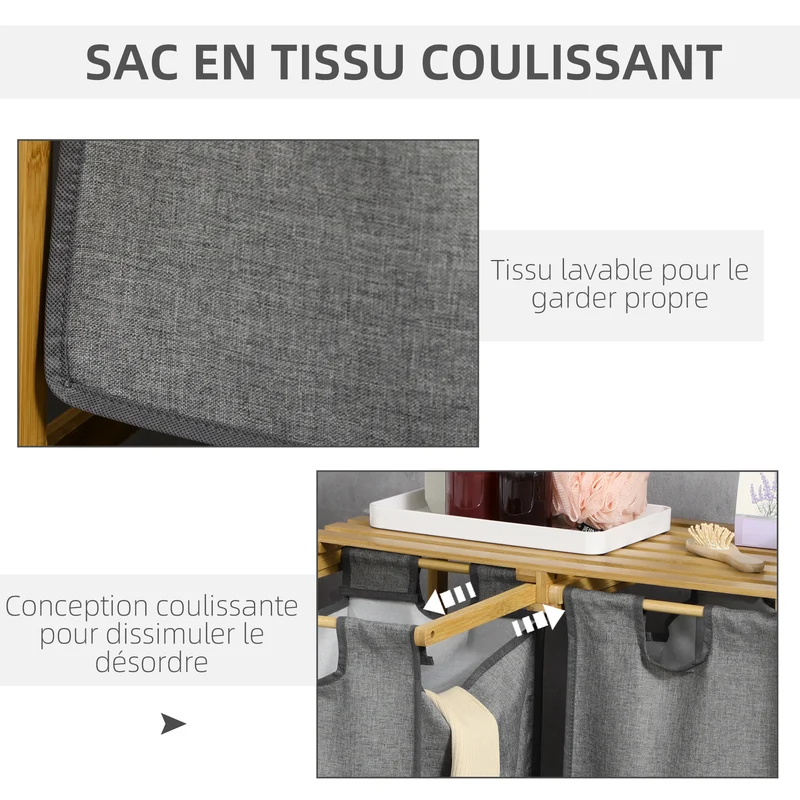 Panier à linge double 63,5 x 33 x 73 cm sacs amovibles coulissants avec étagère scandinave épuré en bambou gris foncé 21_0005837
