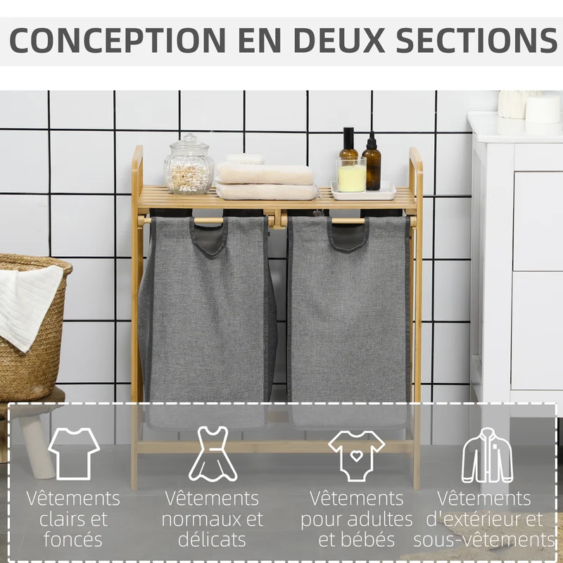 Panier à linge double 63,5 x 33 x 73 cm sacs amovibles coulissants avec étagère scandinave épuré en bambou gris foncé 21_0005837