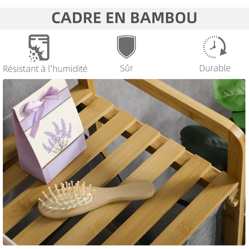 Panier à linge double 63,5 x 33 x 73 cm sacs amovibles coulissants avec étagère scandinave épuré en bambou gris foncé 21_0005837