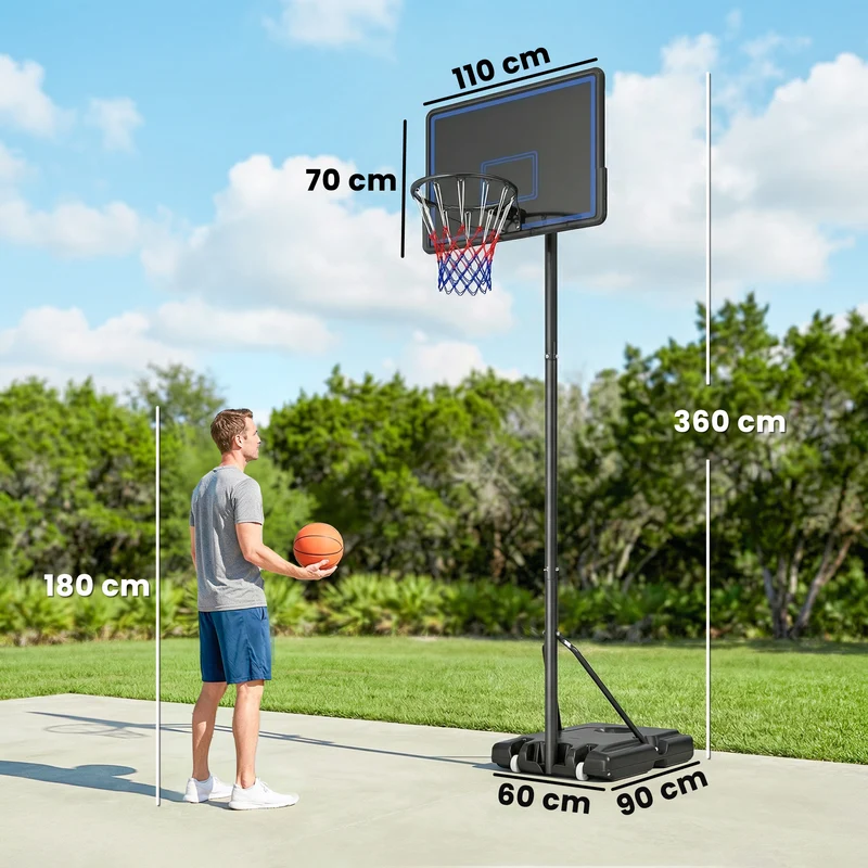 Panier de basketball sur pied extérieur réglable 120 x 90 x 305 cm roues stabilité entraînement moderne en acier noir 21_0006620