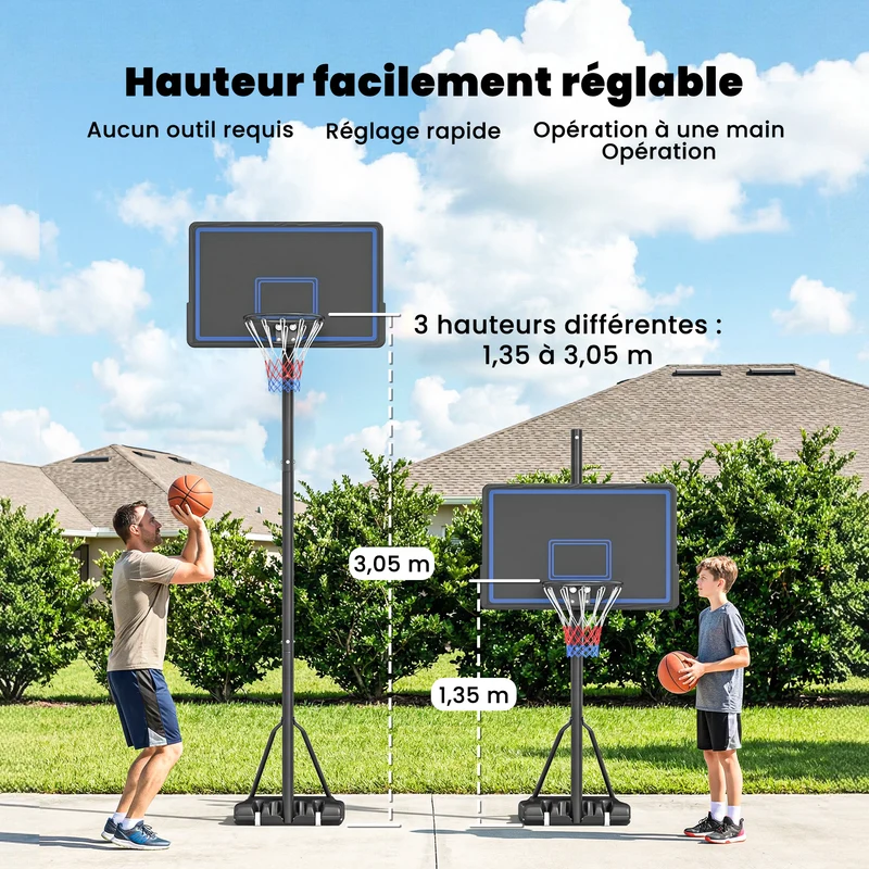 Panier de basketball sur pied extérieur réglable 120 x 90 x 305 cm roues stabilité entraînement moderne en acier noir 21_0006620