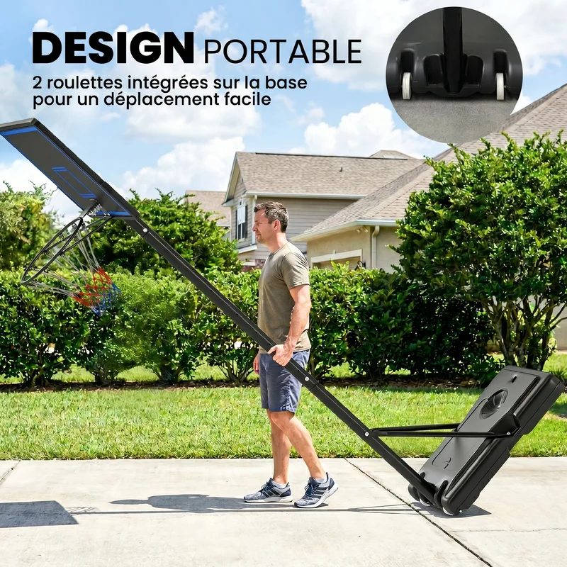 Panier de basketball sur pied extérieur réglable 120 x 90 x 305 cm roues stabilité entraînement moderne en acier noir 21_0006620