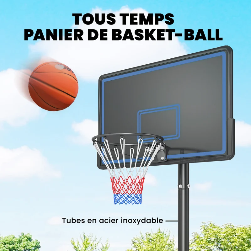 Panier de basketball sur pied extérieur réglable 120 x 90 x 305 cm roues stabilité entraînement moderne en acier noir 21_0006620