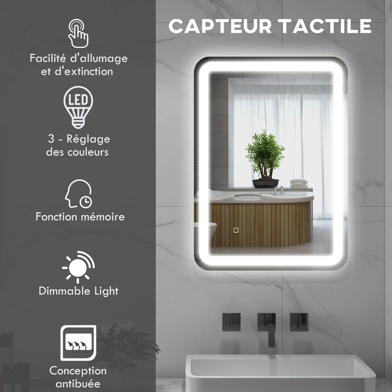 Miroir de salle de bain rectangulaire 70 x 50 x 4 cm antibuée luminosité réglable contemporain en verre trempé argent 21_0002005