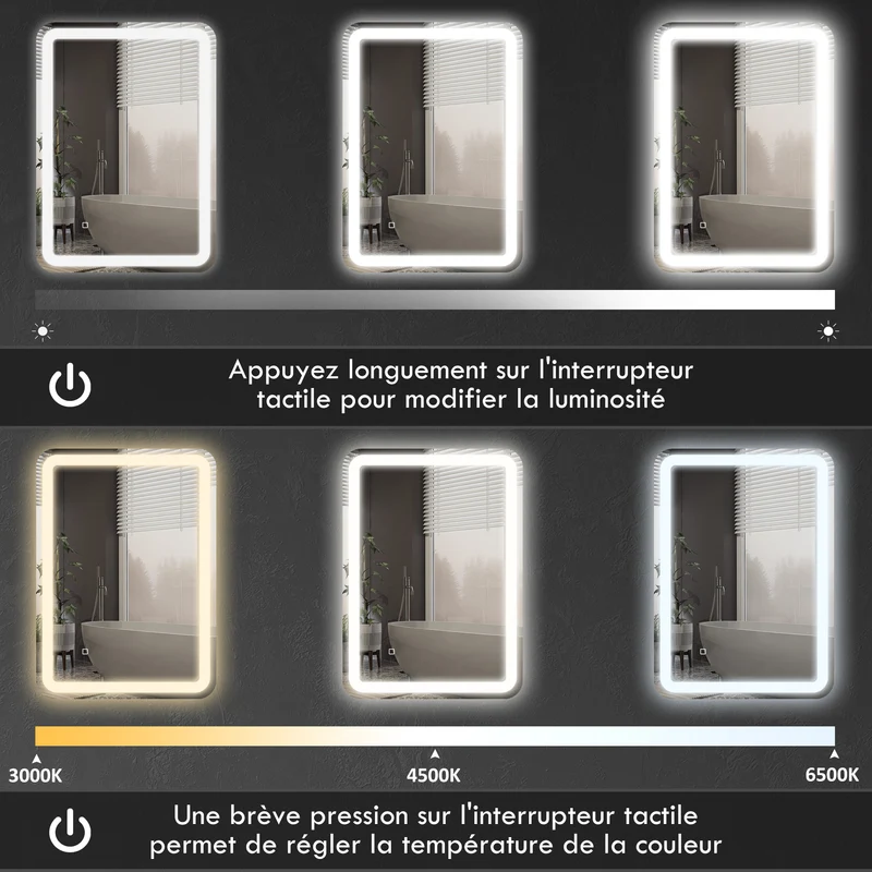 Miroir de salle de bain rectangulaire 70 x 50 x 4 cm antibuée luminosité réglable contemporain en verre trempé argent 21_0002005