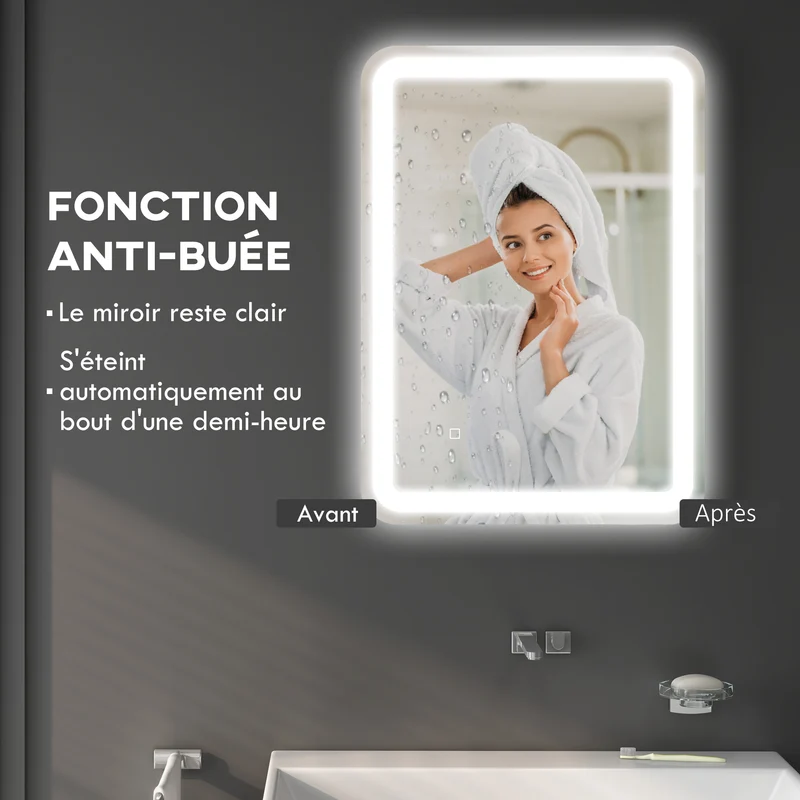Miroir de salle de bain rectangulaire 70 x 50 x 4 cm antibuée luminosité réglable contemporain en verre trempé argent 21_0002005