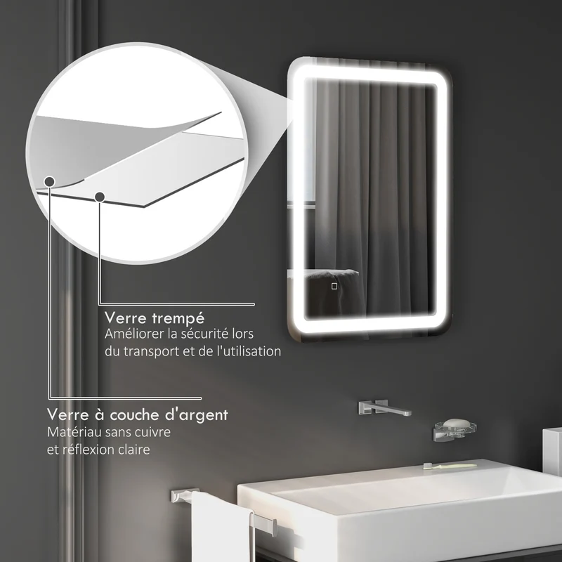 Miroir de salle de bain rectangulaire 70 x 50 x 4 cm antibuée luminosité réglable contemporain en verre trempé argent 21_0002005