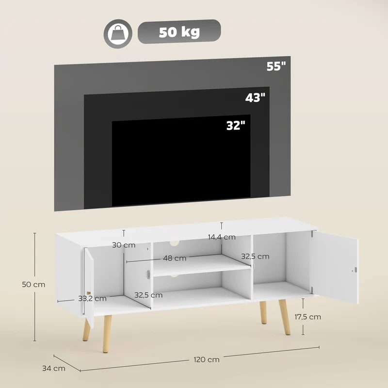 Meuble tv scandinave salon 120 x 34 x 50 cm 2 portes 2 niches passe fils rangement épuré en panneau de particules blanc 21_0003063