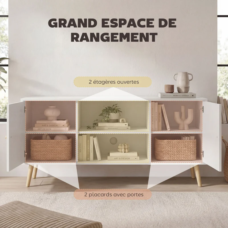Meuble tv scandinave salon 120 x 34 x 50 cm 2 portes 2 niches passe fils rangement épuré en panneau de particules blanc 21_0003063