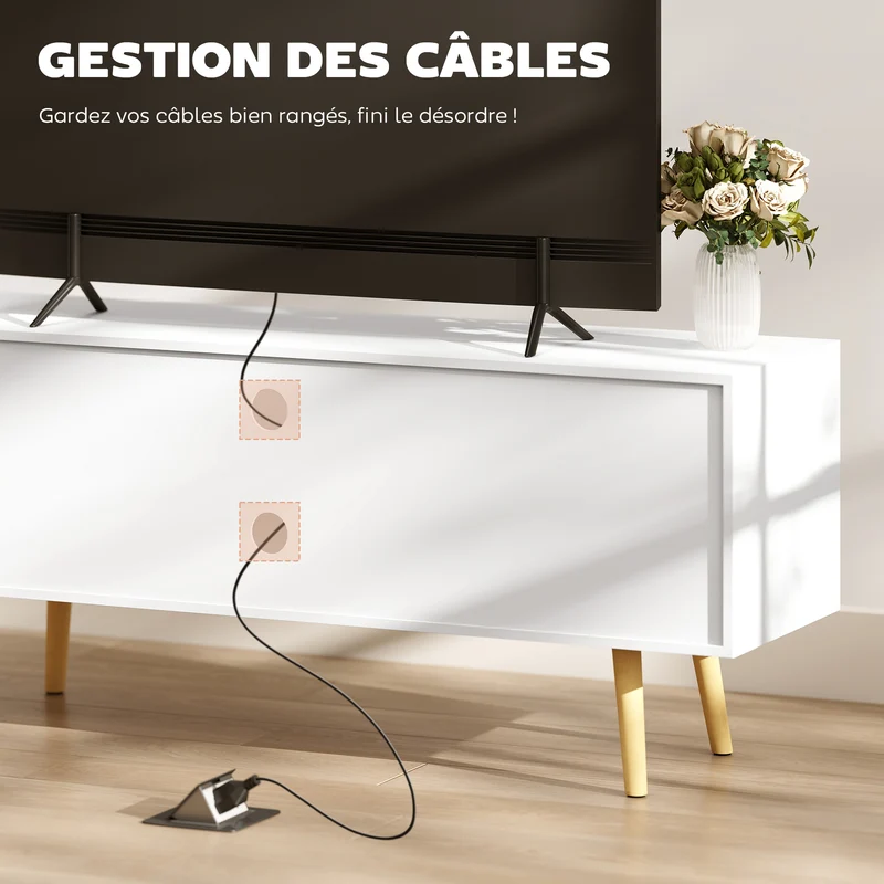 Meuble tv scandinave salon 120 x 34 x 50 cm 2 portes 2 niches passe fils rangement épuré en panneau de particules blanc 21_0003063