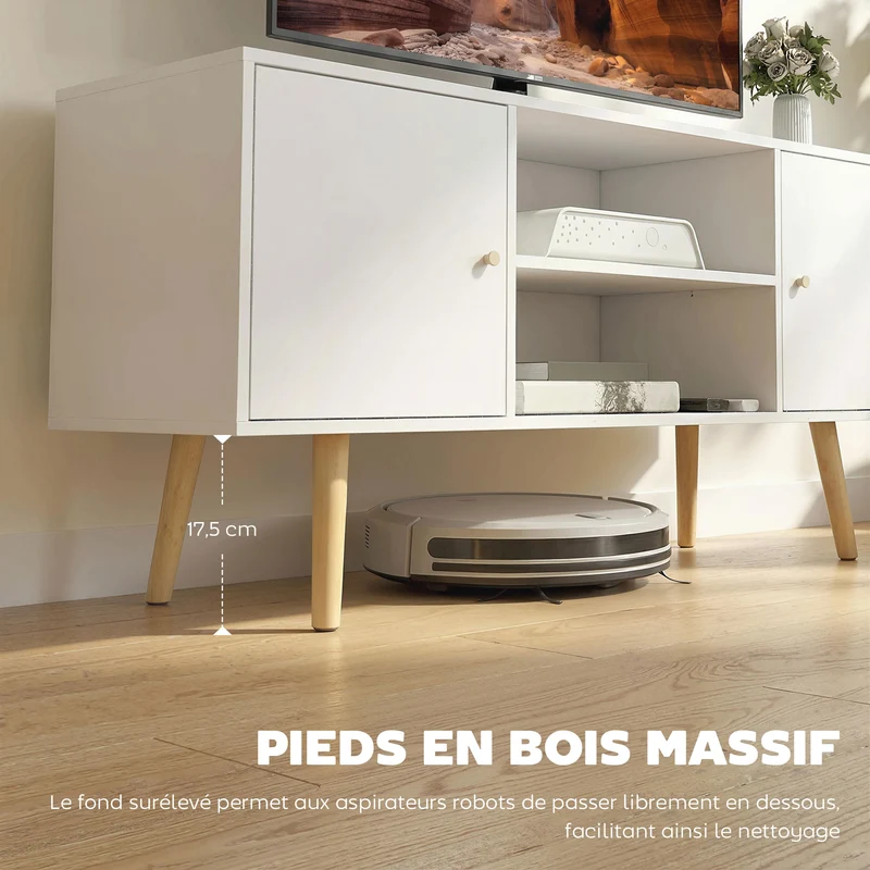 Meuble tv scandinave salon 120 x 34 x 50 cm 2 portes 2 niches passe fils rangement épuré en panneau de particules blanc 21_0003063